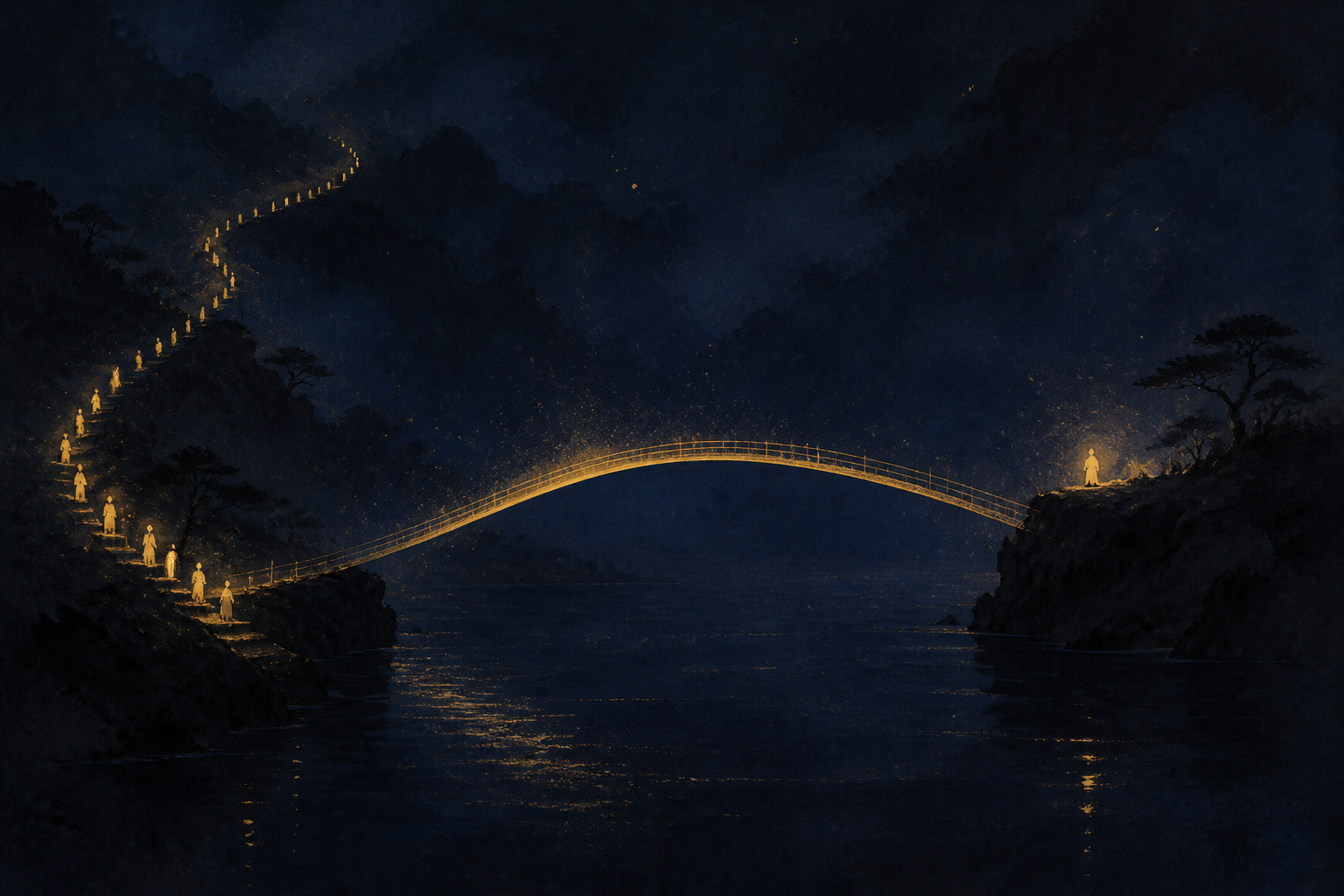 A luminous golden bridge over dark water, an endless procession of lights walking away on one shore, one small glow facing back on the other