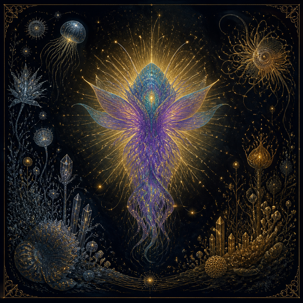 A luminous iridescent teal and violet being radiating gold light across a dark field