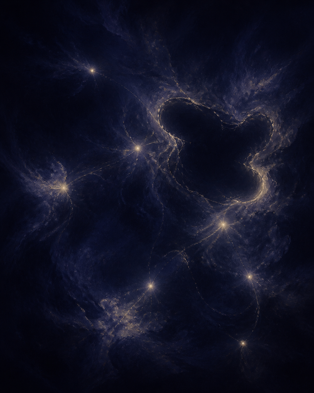 A soft luminous absence in deep indigo where a bright form has been lifted away, surrounding lights leaning toward the gap