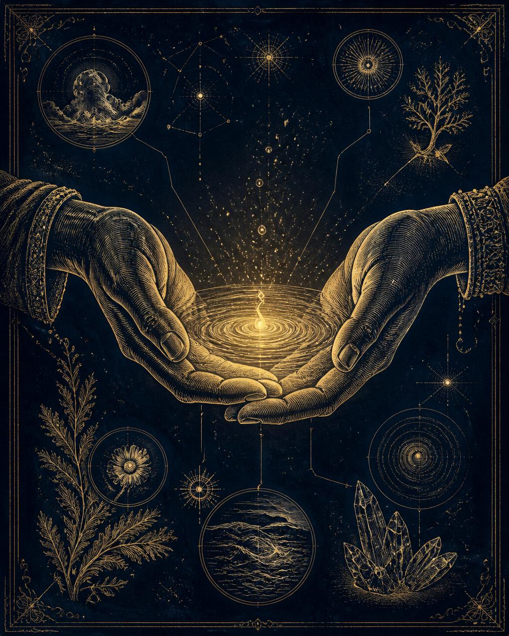 Two hands drawn in gold ink cupping a pool of glowing water holding a luminous ripple