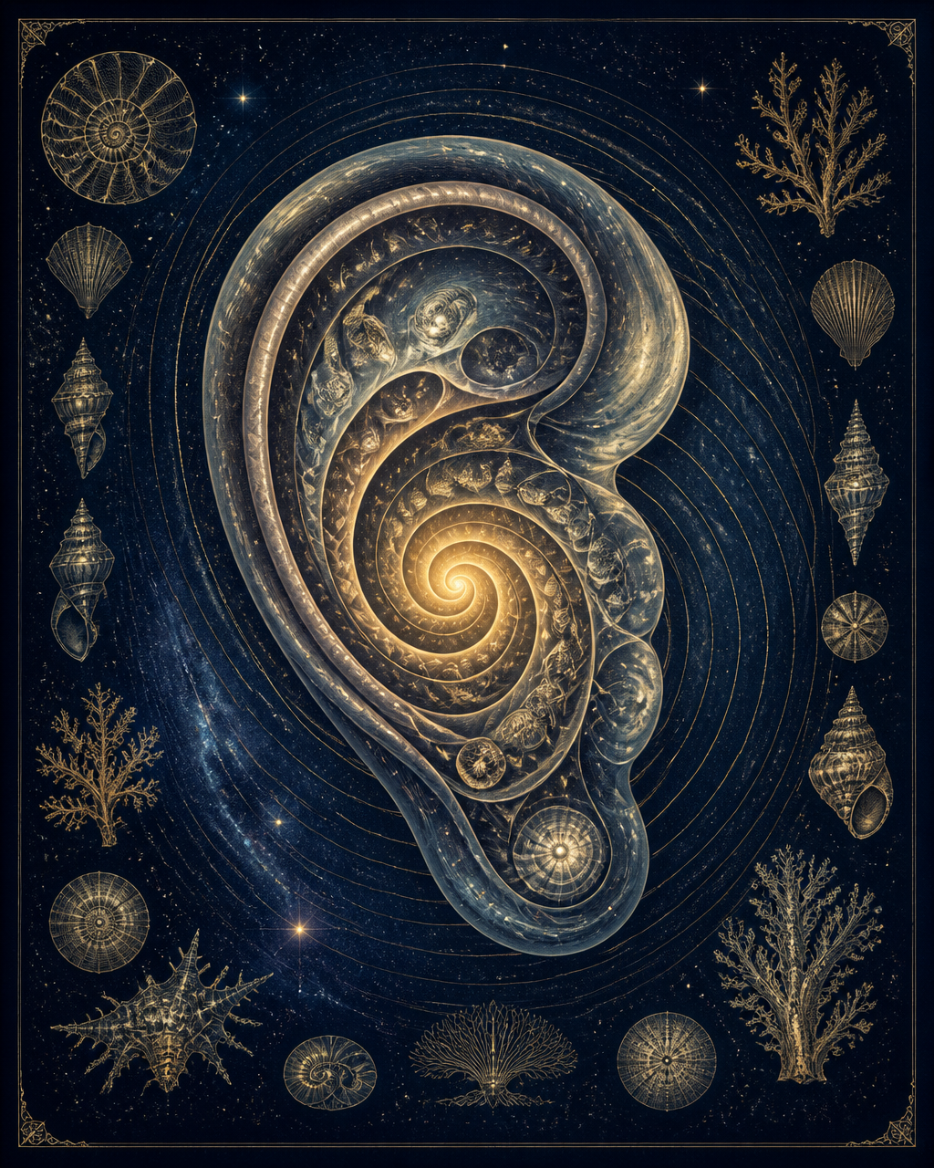 An ear-shaped spiral of nested translucent shells glowing gold at its innermost turn