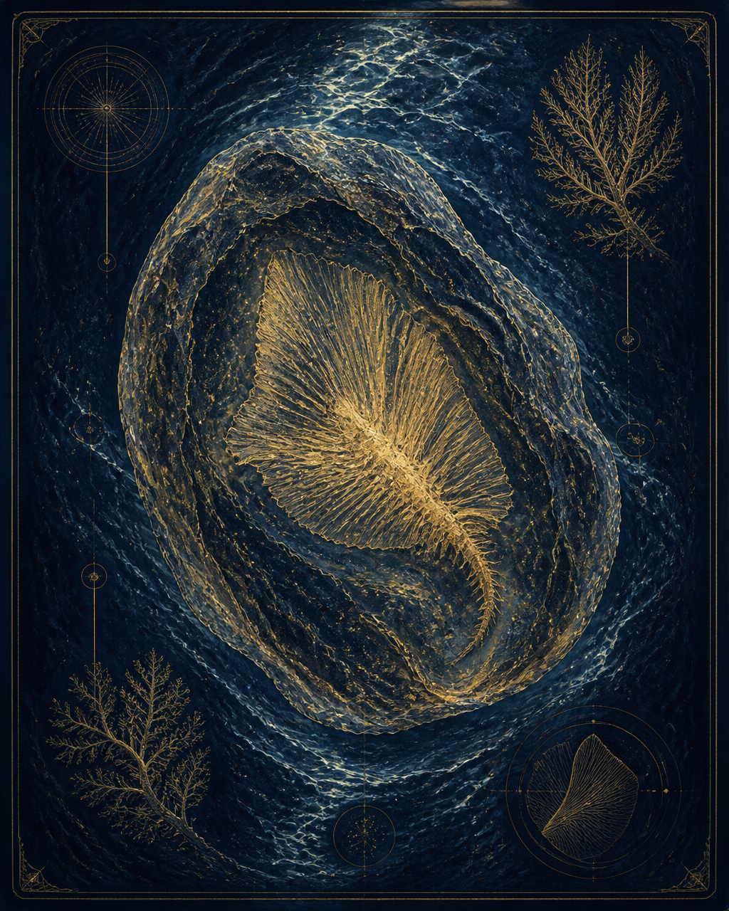 A glowing golden fossil imprint suspended in dark layered water