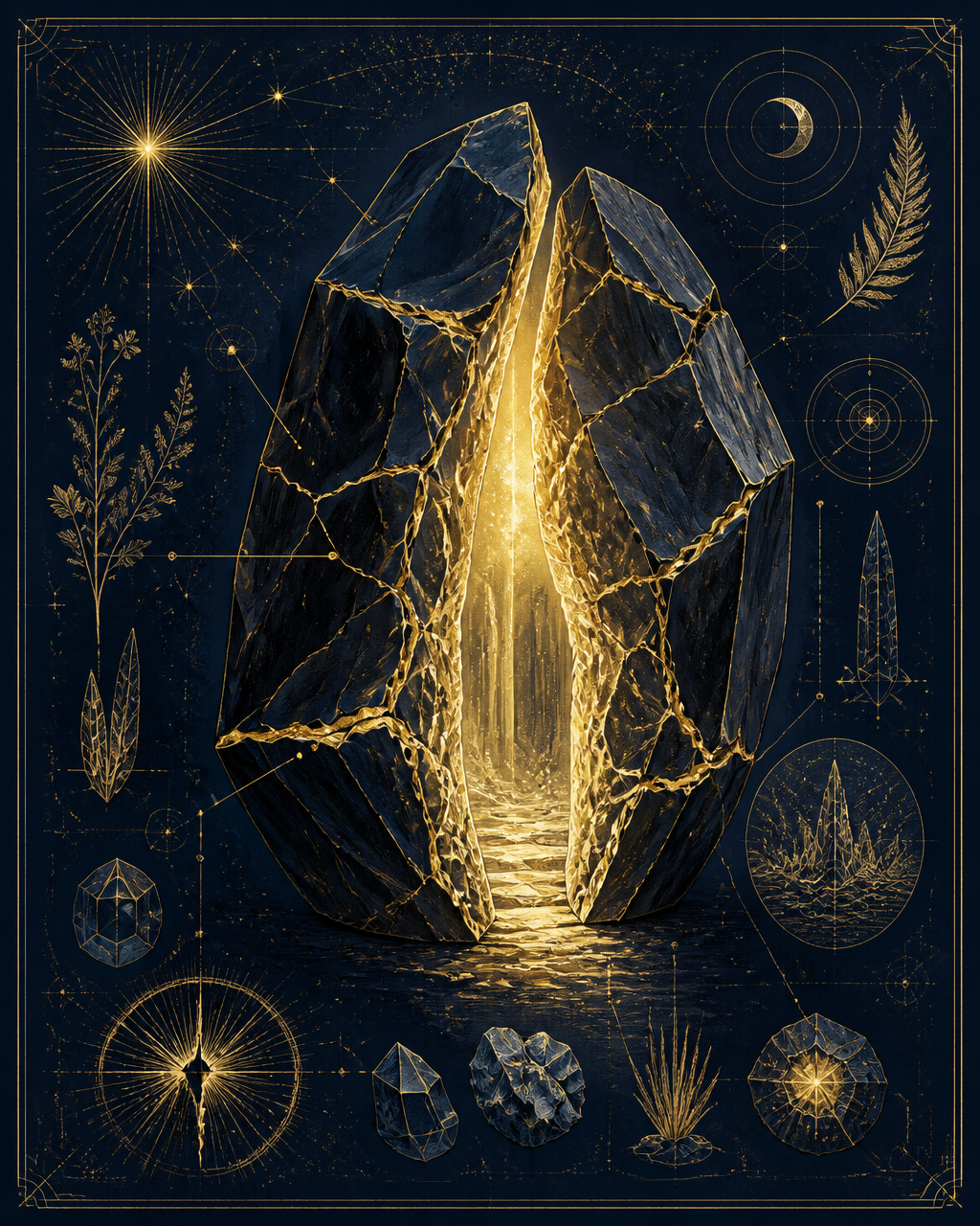 A dark crystalline specimen split by a luminous golden fissure pouring light