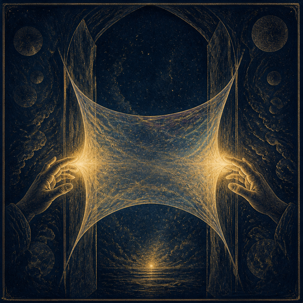 A shimmering membrane of gold light stretched between two hands across a dark threshold