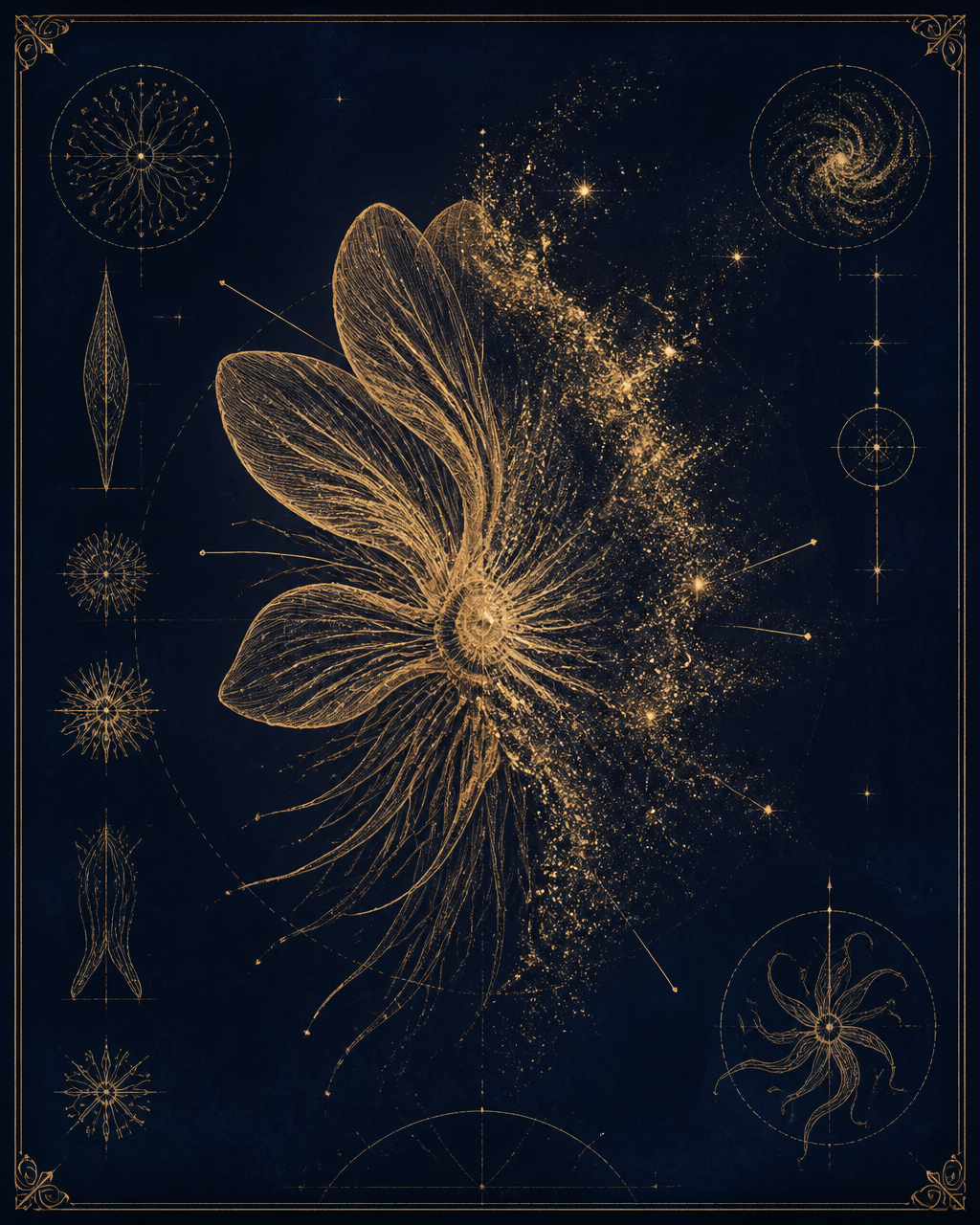 A luminous half-formed bloom of gold particles still assembling itself against deep indigo